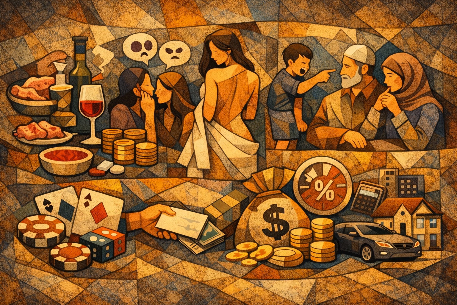 A Cubist-style digital illustration in warm earthy tones shows a fragmented geometric scene containing multiple symbolic panels, including forbidden foods such as pork, blood, and alcohol on a table, two women whispering to each other representing gossip, a partially uncovered female figure symbolizing nudity and lack of modesty, a child angrily pointing and shouting at elderly parents to represent disrespect, gambling elements like dice and poker chips, a hand exchanging money suggesting theft or bribery, and a central financial composition of stacked coins, a money bag with a dollar symbol, a percentage sign, buildings, and a car representing riba (interest/usury), all unified within an abstract mosaic of angular shapes that conveys the concept of prohibited actions in Islam without using text or explicit prohibition symbols.

